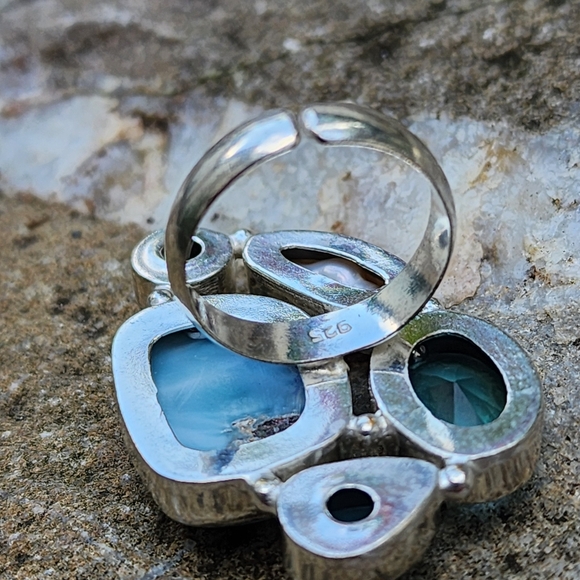 Silver 925 Ring Genuine Blue Larimar Chalc dony Stone Boho Unique Jewelry